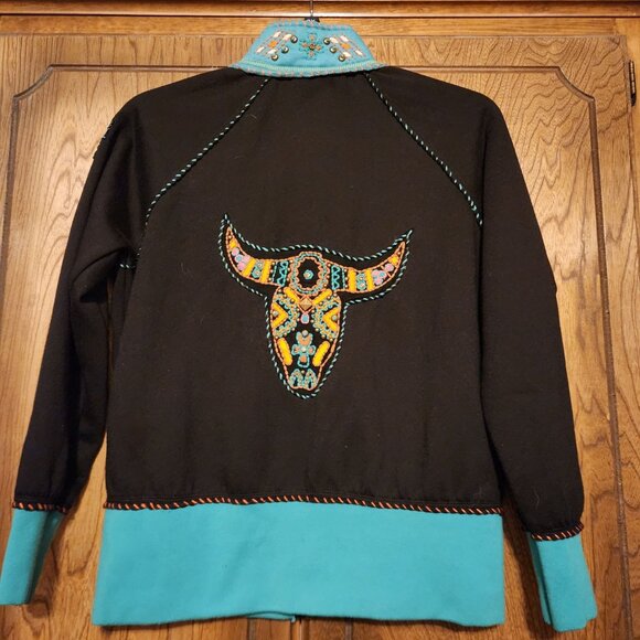 Black Southwestern Embroidered Zip-Up Jacket W/ Bull & Cross Accents Size M - Picture 3 of 8